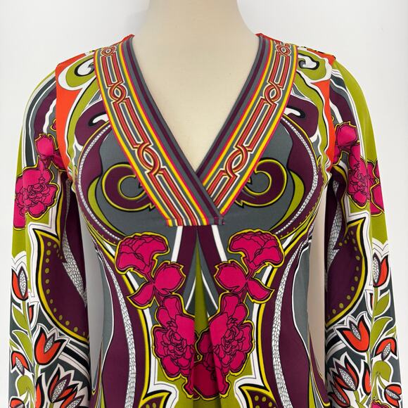 Hale Bob Lotus Stretch Jersey Shift Mini Dress Long Bell Sleeves Retro Floral XS - Picture 2 of 12